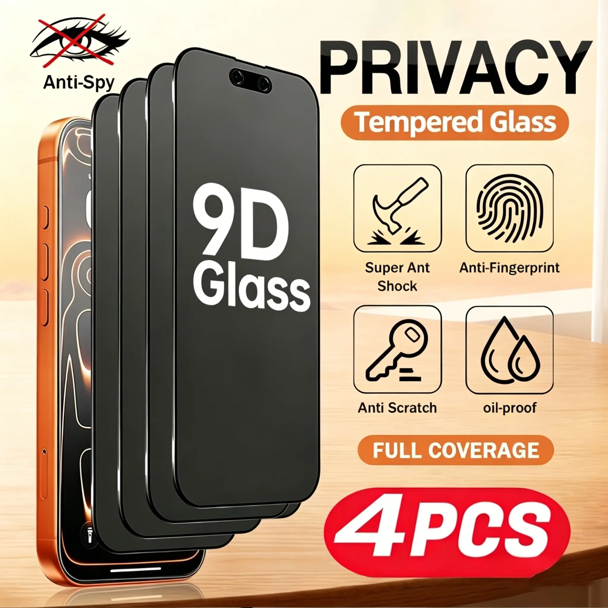 Anti spy 4-piece privacy tempered film, suitable for iPhone 17 Pro Max/17 Air/16 Pro Max/16 Plus/16E/15 /14 /13 Pro Max/13/12/11 Pro/11/X/XS/XS MAX/XR， Full screen coverage, anti fingerprint，for Gamers Gaming Screen Protector for Gamers