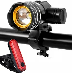 Zoomable Adjustable Focus Bike Headlight Aluminum Alloy Mechanical Cycling Lamp, USB Rechargeable Waterproof LED Flashlight Fits 1.5-2.5cm Handlebar for Mountain Bike Night Riding