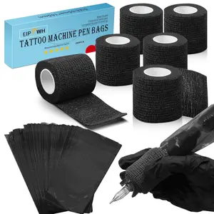 200PCS Tattoo Pen Covers with 6PCS Tattoo Grip Tape, Black Tattoo Machine Wraps Covers Tattoo Pen Sleeves Bags Set Tattoo Supplies
