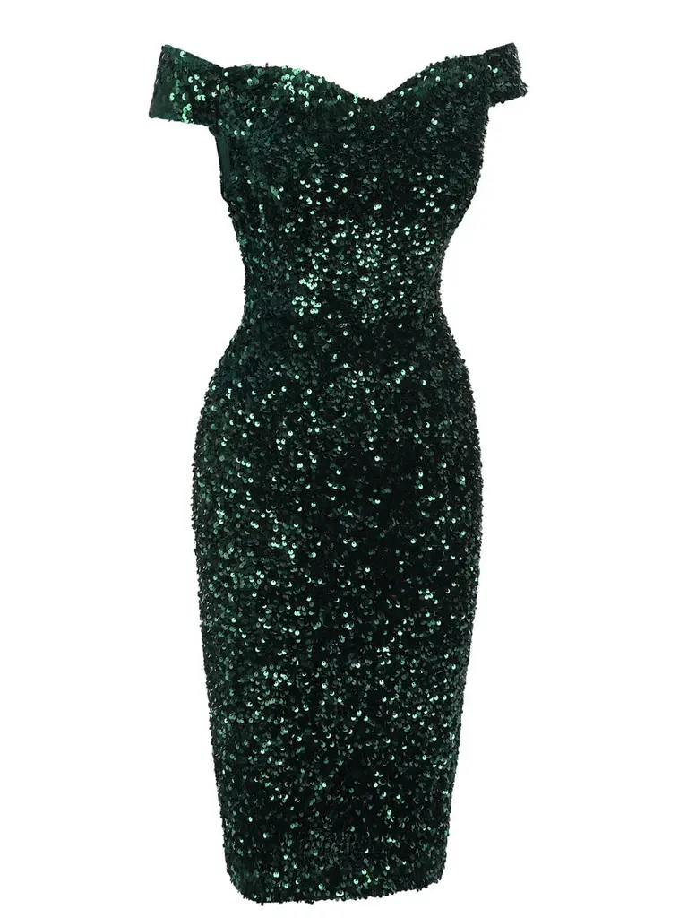 RETRO STAGE Women's 1960s Green Sequined Off-Shoulder Knee-Length Pencil  Dress, Polyester Formal Wear with Zipper Closure, Elegant Classy Flattering  Minimalist Basic Workwear - TikTok Shop