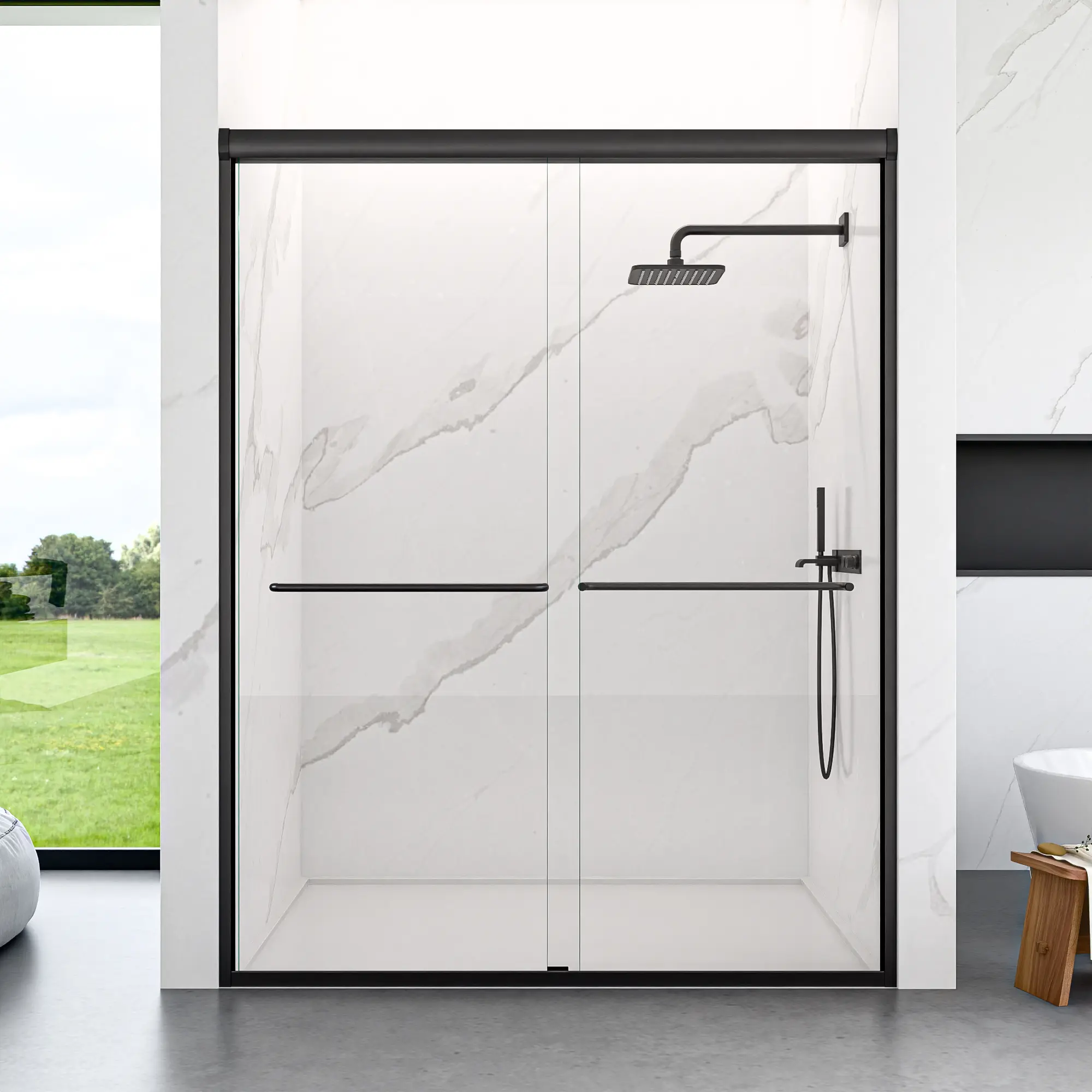 Semi-Frameless Double Door Shower Enclosure, 56"-60" W x 72" H Adjustable Width Bypass, Full View, Light-Permeable, Smooth Sliding Action, Rust-Proof, 1/4" (6mm) SGCC Tempered Glass, Heavy-Duty Aluminium Metal, Chrome Hardware, Handle