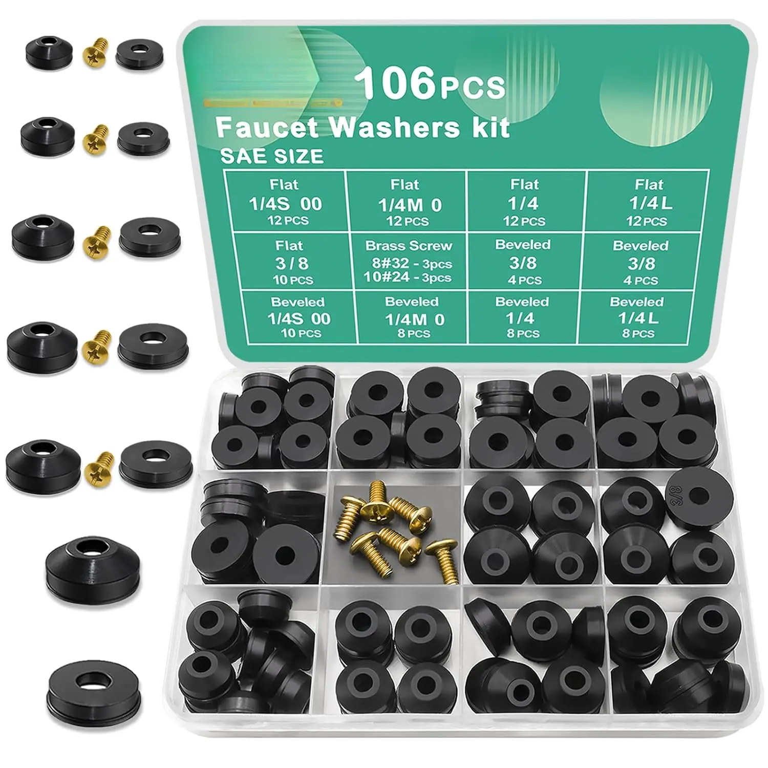 106 PCS Faucet Washer Assortment Kit with Assorted Flat and Beveled Rubber Washers for Outdoor Garden Faucet Stem Leak Worn Replacement Repair