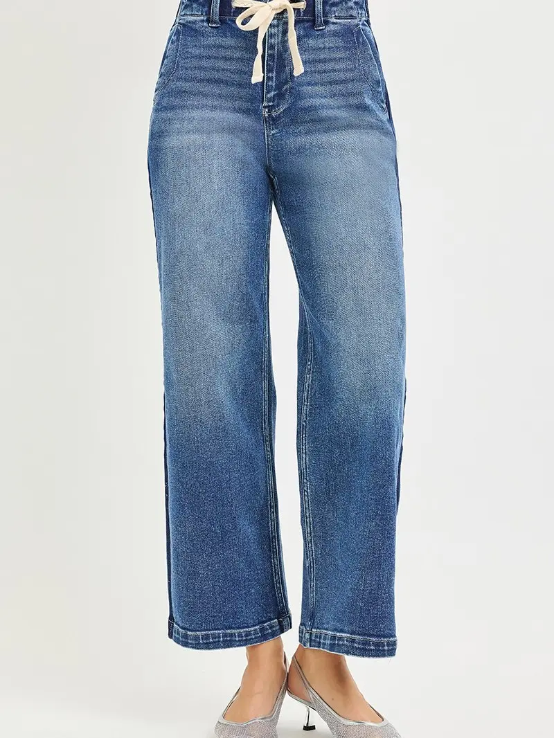 RISEN Elastic Band High Rise Cropped Wide Jeans