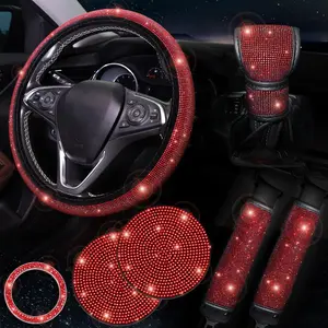 Red Bling  Accessories Set of 7 Pack, Rhonestone Steering Wheel Cover Set for Women 15 inch,Seat Belt Cover,Bling Gear Shift Cover,Push Start Button Bling Ring, Cup Coaster,Red