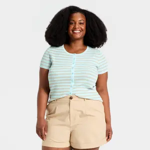Women's Short Sleeve Button-Front Sweater - A New Day Light Blue XXL