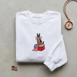 Embroidered German Shepherd Sweatshirt, USA Flag Dog Crewneck, Patriotic GSD Gift, Police Dog Breed Apparel, American Shepherd Sweatshirt