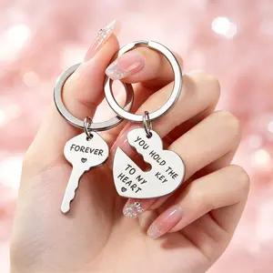 Creative Heart Lock and Key Couple Keychain Set Stainless Steel Engraved Matching Key Rings for Lovers Men Women All-Match Fashion Car Key Bag Pendant Gift Set 2PCS