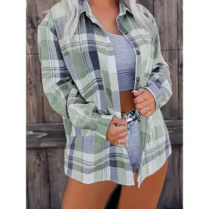 Plaid Print Polo Collar Button Shirt, Casual Pocket Long Sleeve Shirt For Spring & Fall - Women's Clothing - Soft & Breathable Fabric - Suitable for Casual Outings & Office Wear - Perfect Gift for Fashionable Women Minimalist Short Basic Co