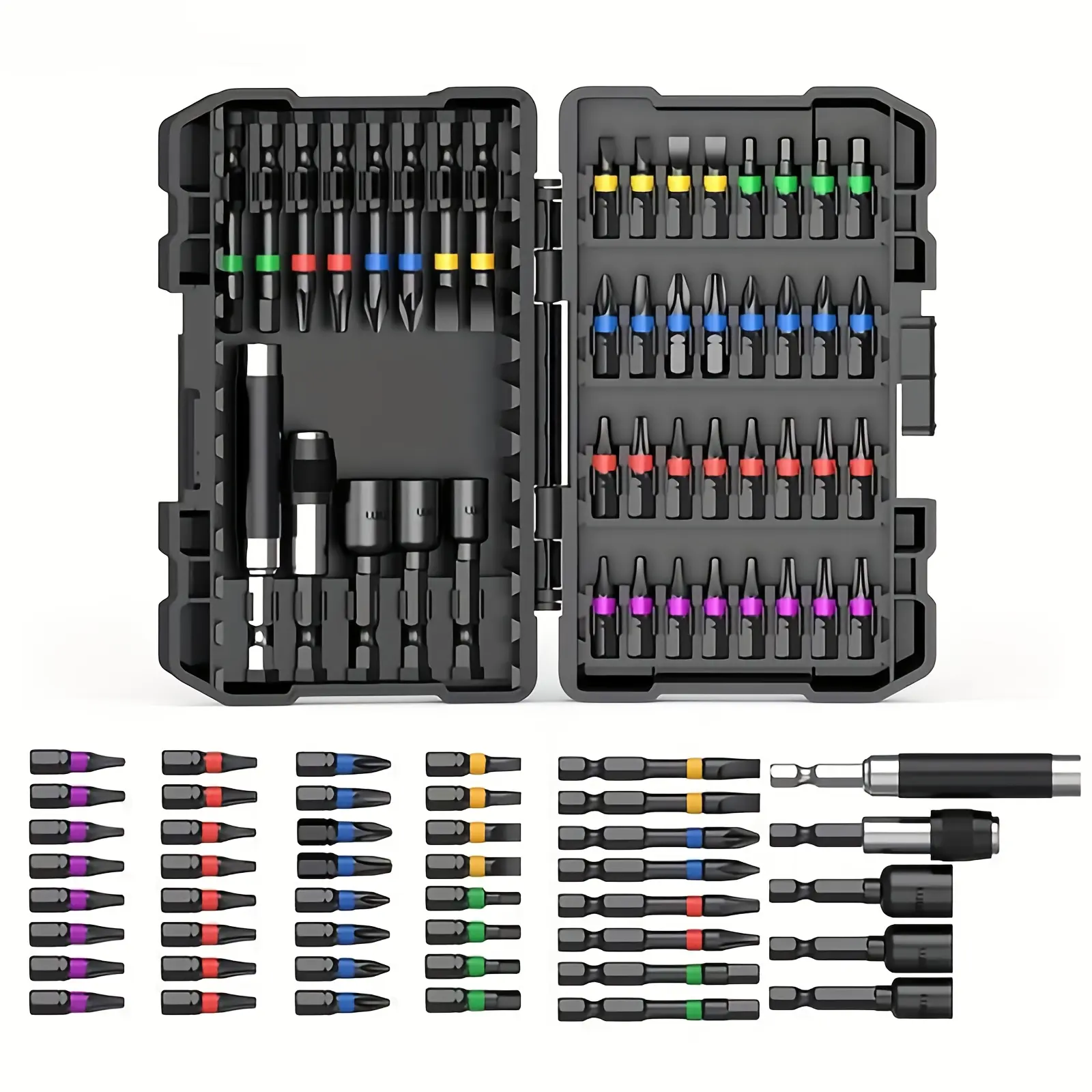 45Pcs Color Coded Magnetic Screwdriver Bit Set, Impact Drill Bits Kit, Cross Flat Torx Hex Nut Driver Sockets with Extension Holders, Hard Storage Case for DIY Furniture Auto Repair Power Tool Accessories
