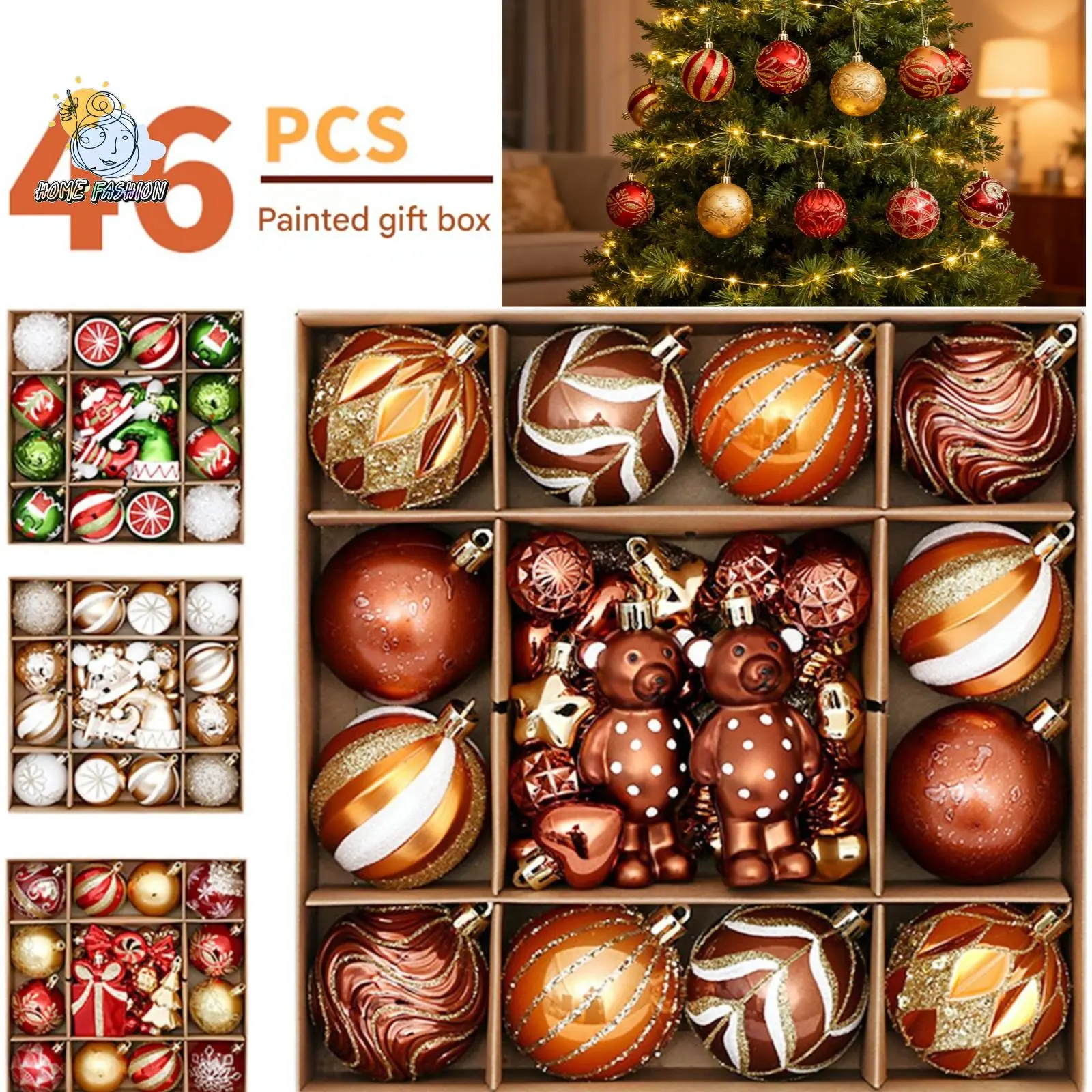 46 Pcs Glitter Plastic Ornament Balls, Creative Christmas Tree Hanging Decorations with 1-2 cm Error, Party Decor for All Ages Indoors Home Office Holiday Use