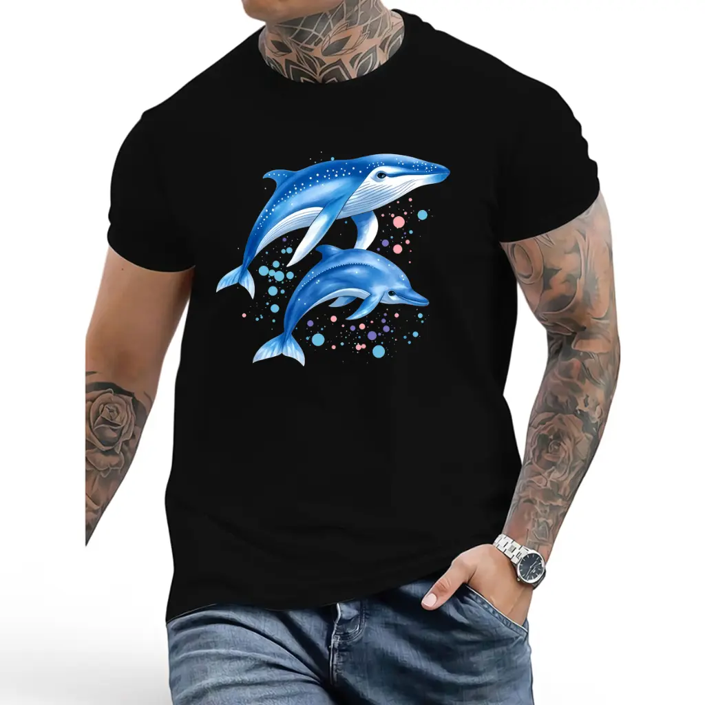 Cute Dolphin Print Short Sleeve Casual T-Shirt for Women Men2026 Trendy T-Shirt Print Casual Streetwear Top Soft Short Sleeve Tee for Daily, Party and Going Out Cotton Day