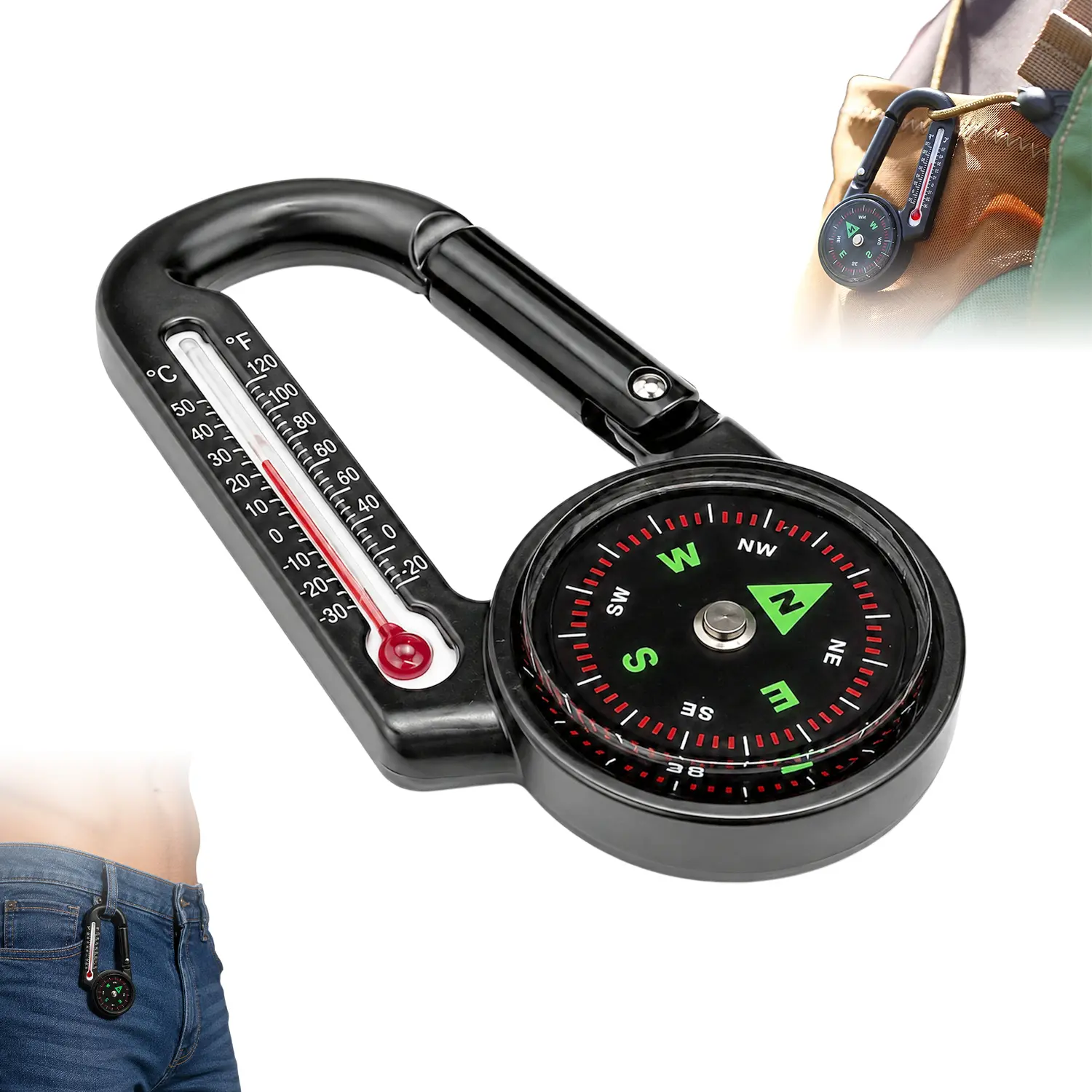 Mini Orienteering Compass with Thermometer, simple to use recreational hiking compass with Clip-On Keychain, Gift for Men, Hikers & Campers