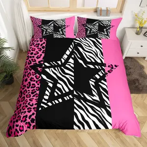 Leopard Zebra Kids Duvet Cover Set,Rose Black White Cute Star Comforter Cover,Girls Adults,Animal Skin Print Bedding Set,Cheetah Zebra Print Bedspread Cover,No Comforter
