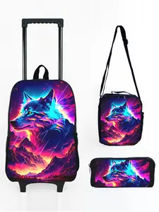 17-inch Rolling Backpack Set with Meteor Wolf Pattern Print