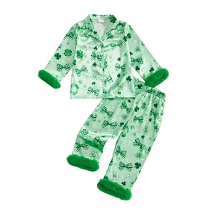 Little Toddler Girl Spring Pajama Sets Shamrock Print Furry Trim Button Up Long Sleeve Tops and Pants Lounge Wear 2 Pcs Set