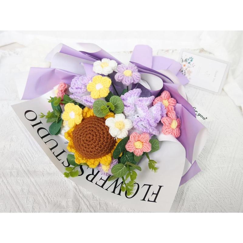 Crochet Flowers, Crochet Flower Bouquet, Sunflower, Handmade Flowers, Knitted Flowers, Pink Roses, Carnation, Tulip, Preserved Flower for Mother's Day, Valentine's Day, Birthday