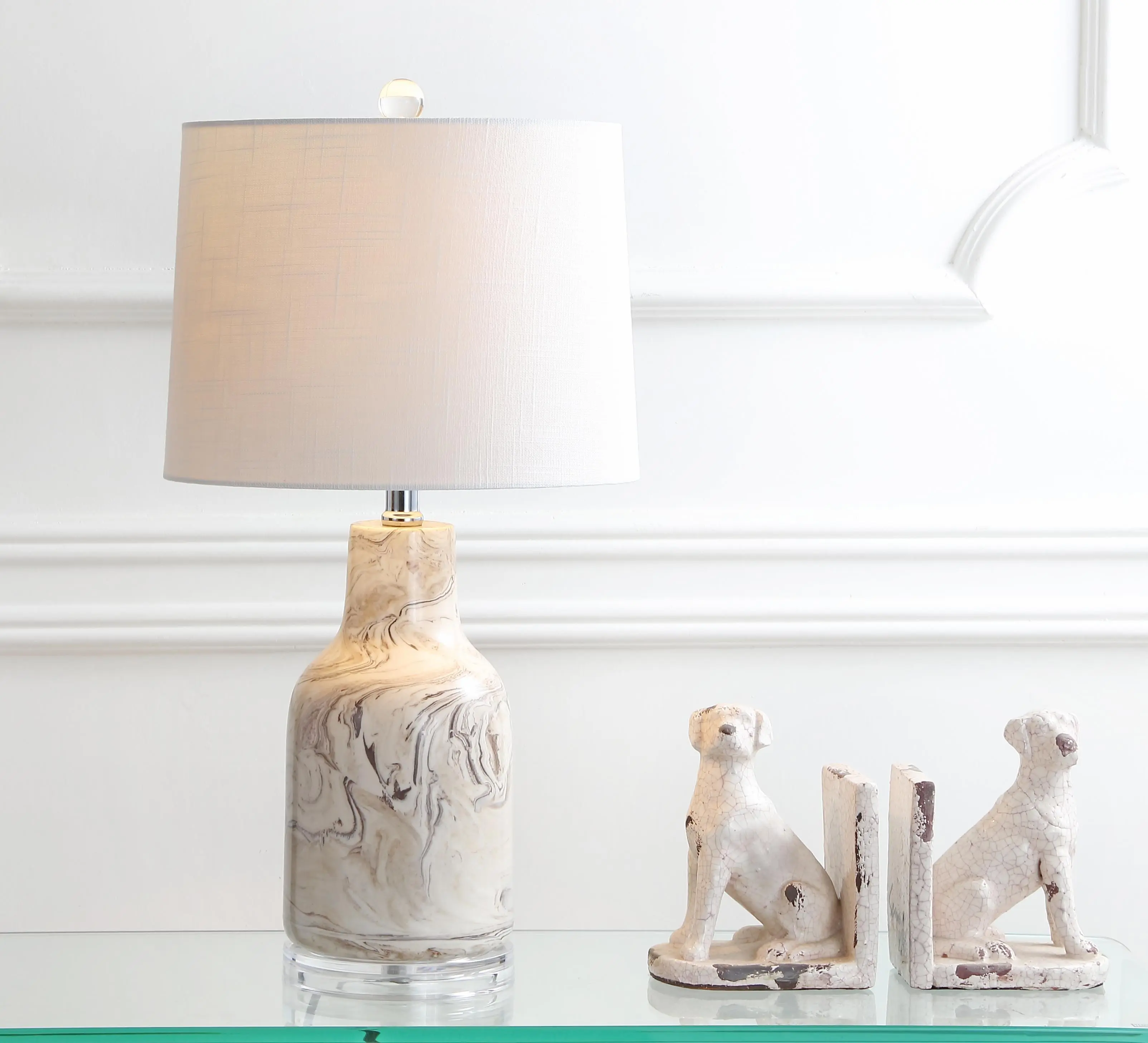 JONATHAN Y Webb 23" H Ceramic Table Lamp Marble Pattern, Gray/White | Traditional Hand-Finished Bedside Light, Linen Drum Shade, Clear Acrylic Base, UL Listed, LED Bulb Included