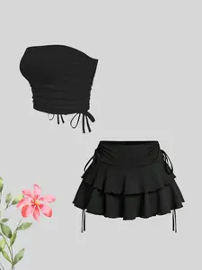 Classic Versatile Women's Ruched Top Set with Pleated Dress, Stylish Fitted Two-Piece with Drawstring for Everyday Wear, Perfect for Casual and Formal Occasions