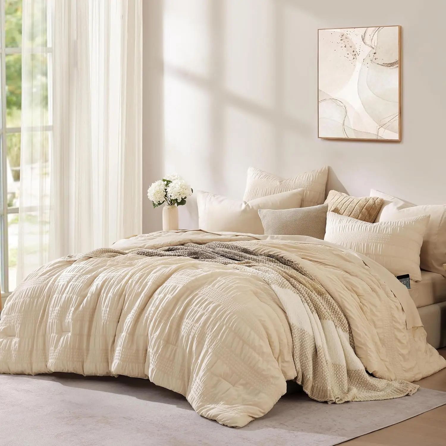 Full Size Comforter Set, 7 Pieces Beige Seersucker Bed in a Bag Full Size Soft All Seasons, Bedding Sets with Comforter, Flat Sheet, Fitted Sheet, 2 Pillow Shams, 2 Pillowcases