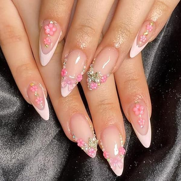 24 Pcs French Tip Press on Nails Medium Almond Fake Nails with 3D Flower Butterfly Pearl Diamond Designs Bow Charms False Nails Stick on Nails Full Cover Glossy Artificial Nails for Women