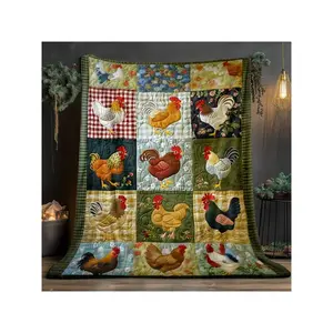 1pc Chicken Quilt Blanket |   Soft Lightweight Flannel All-Season Throw With Rooster & Hens Design In Mixed Colors - Cozy Couch, Bed, Travel, Camping Decor - Chicken Lovers, Farmhouse Home Decoration, Chicken Decor