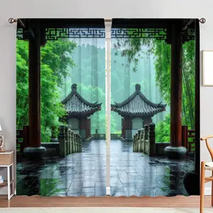 Chinese Style Garden Print Door Curtain, 1 Set Chinese Style Door Curtain, Home Decor for Living Room Bedroom, Room Divider Curtain