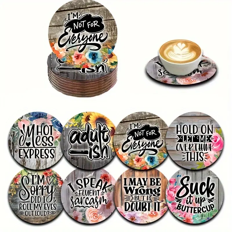 8-piece wooden coaster set, humorous and satirical quotes, retro style, circular beverage mat, used for coffee, tea, drinks, home decoration, and as a new home gift for parents and friends.