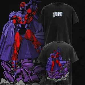 Master Of Magnetism "Magneto" Edition Oversize Lightweight Acid Washed Cotton T-Shirt, Double-Printed Vintage Graphic Tee, Classic Round Neck Soft Apparel for Men's Streetwear & Sci-Fi Fans
