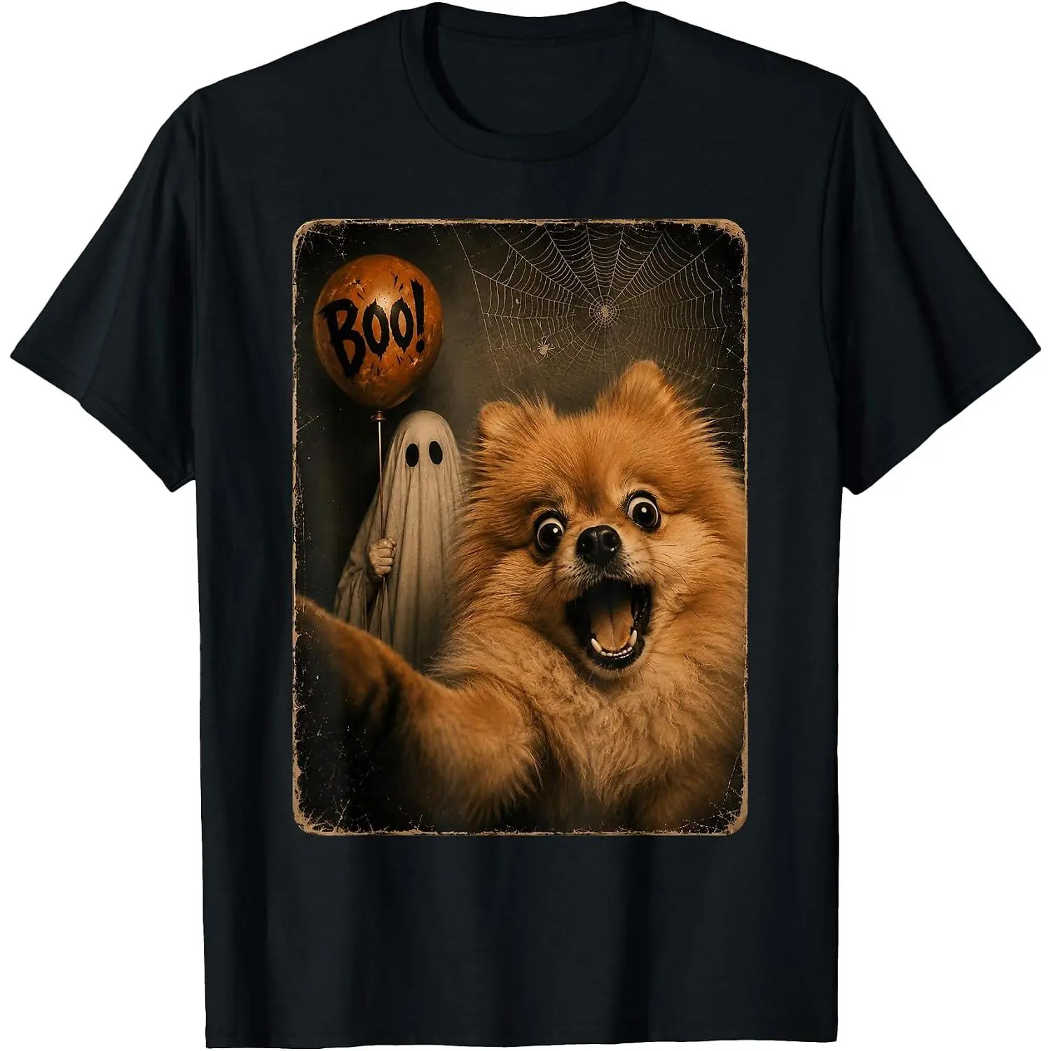 Cotton Funny Pomeranian Ghost Boo Halloween Selfie Dog Meme T-Shirt Unisex Clothing Streetwear