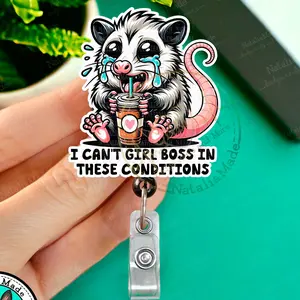 Funny Retractable Badge Reel- Girl Boss Possum ID Badge Holder for Nurses, Retail Workers, Teachers, Servers, Dark Humor Name Badges for Healthcare Staff