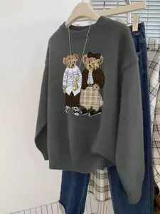 Vintage Aesthetic Cartoon Bear Pattern Knit Sweater for Women, Fall Winter Loose Fit Long Sleeve, Casual Comfortable Christmas Top, Knitwear