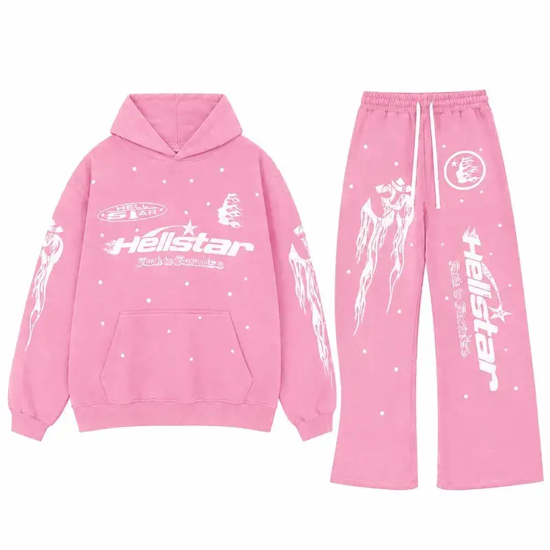 Hellstar Racer Tracksuit Vintage Pink Flame Graphic Hoodie Sweatpants Set Oversized Streetwear Jogger Set