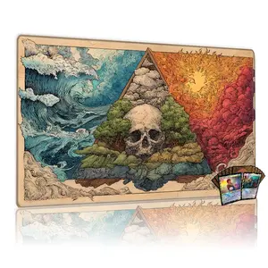 TCG, MTG, CCG RPG trading card game MATS, mystical skull, elemental design, fiery sun, stormy ocean, verdant trees, anti-slip, 14x24 inches, washable gaming desk mat.