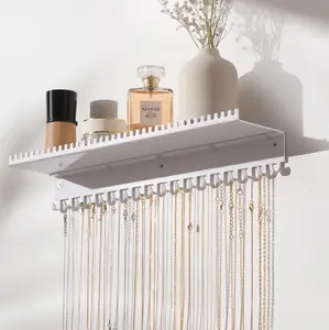 Necklace Holder Wall Hanging Organizer: Wall Mounted Jewelry Shelf with 56 Hooks and Tray, Display Hanger for Kids, Girls and Women