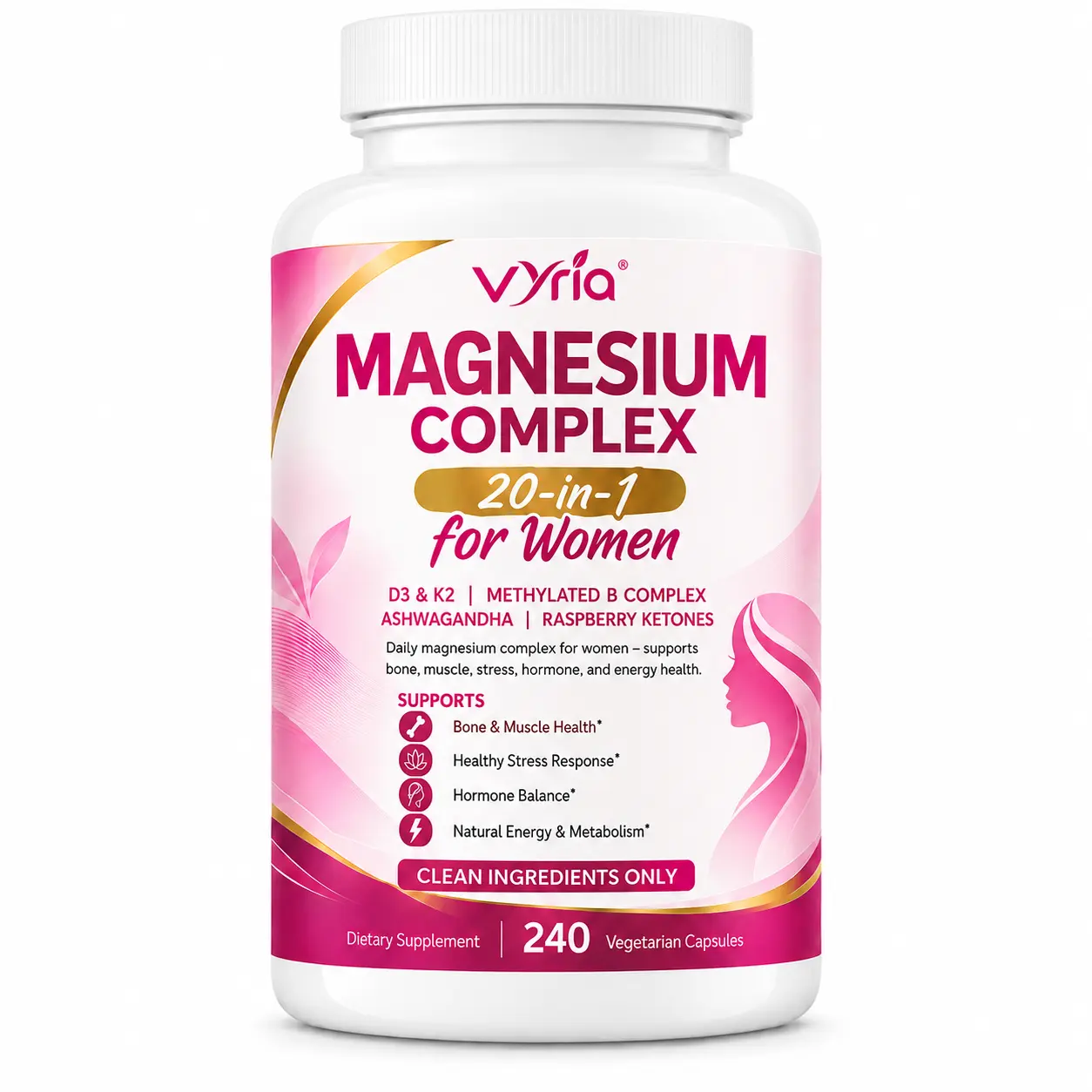 Magnesium Complex for Women, 240 Vegetarian Capsules | 20-in-1 Formula - Magnesium Blend with Vitamin D3, K2, Ashwagandha & More | Filler Free, Non-GMO