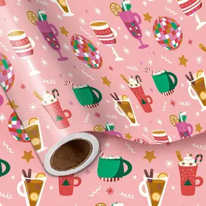 Christmas Wrapping Paper Roll, Holiday Drink Mugs Hot Cocoa and Disco Ornaments Fun Party Design, for Girls Teens Adults Friends Family, Christmas Party Gifts, Mini Roll 17 in x 16.4 Ft