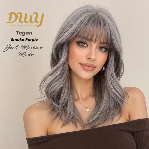 Tegan-DWY Machine Made Mid-length Wavy Hairstyle with Blunt Bangs Smoke Purple  Glueless Synthetic Wig for Women 18 Inches Silky Straight Wig, Glueless Wigs