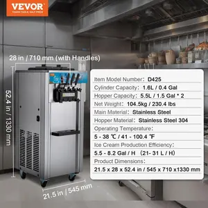 VEVOR Commercial Ice Cream Machine,  21-31 L/H Yield, 1800W 3-Flavor Freestanding Soft Serve Ice Cream Maker, 2 x 5.5L Stainless Steel Cylinder, LED Panel Auto Clean Pre-cooling, for Restaurant Bars