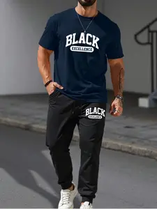 Men's Letter Print Tee & Pants Tracksuit Set, Regular Fit Round Neck Short Sleeve T-Shirt & Sweatpants, Casual Breathable Men's Outfits for Outdoor Workout Running, Sportswear Set, Athletic Tracksuit Set