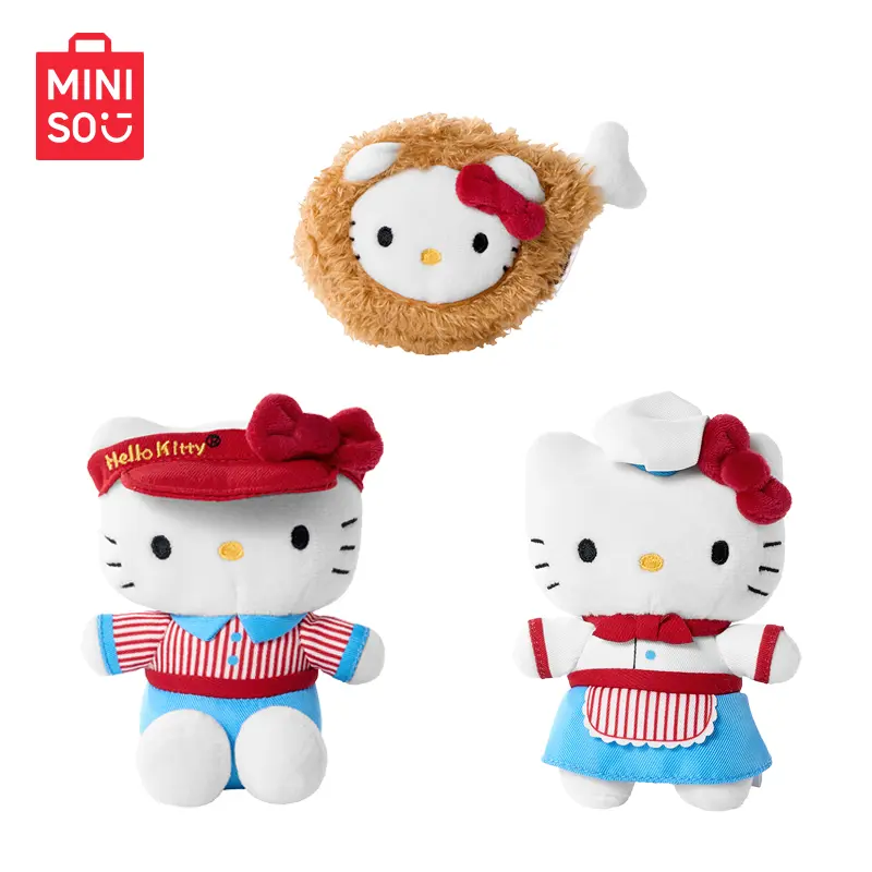 MINISO Hello Kitty Retro Restaurant Plush Pendants - Cute Stuffies with 3 Styles (Standing Chef, Sitting Waiter, Fried Chicken Leg), Super Soft, Portable Bag Charms, Collectibles for Friends