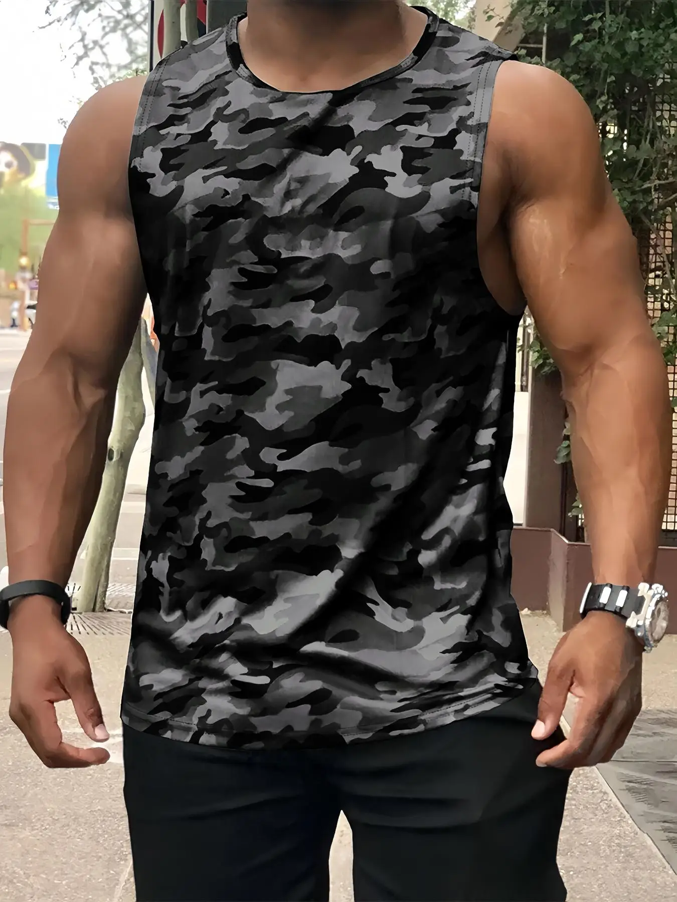 Men's Regular Fit Camo Print Round Neck Tank Top, Casual Sleeveless Crew Neck Top for Summer, Fashion Men's Top for Daily Wear