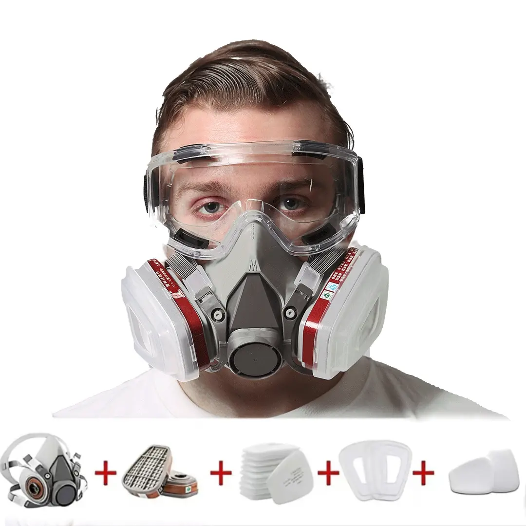 Oxygen Masks Gas Mask Emergency Kits Reusable Half-Face Respirator Mask with Dual Filters Cartridge Safety Goggles Dust Chemical Protection for Spray Painting Woodworking Construction DIY Tools Industrial Mask Father's Day Gifts Outdoor Work Accessories