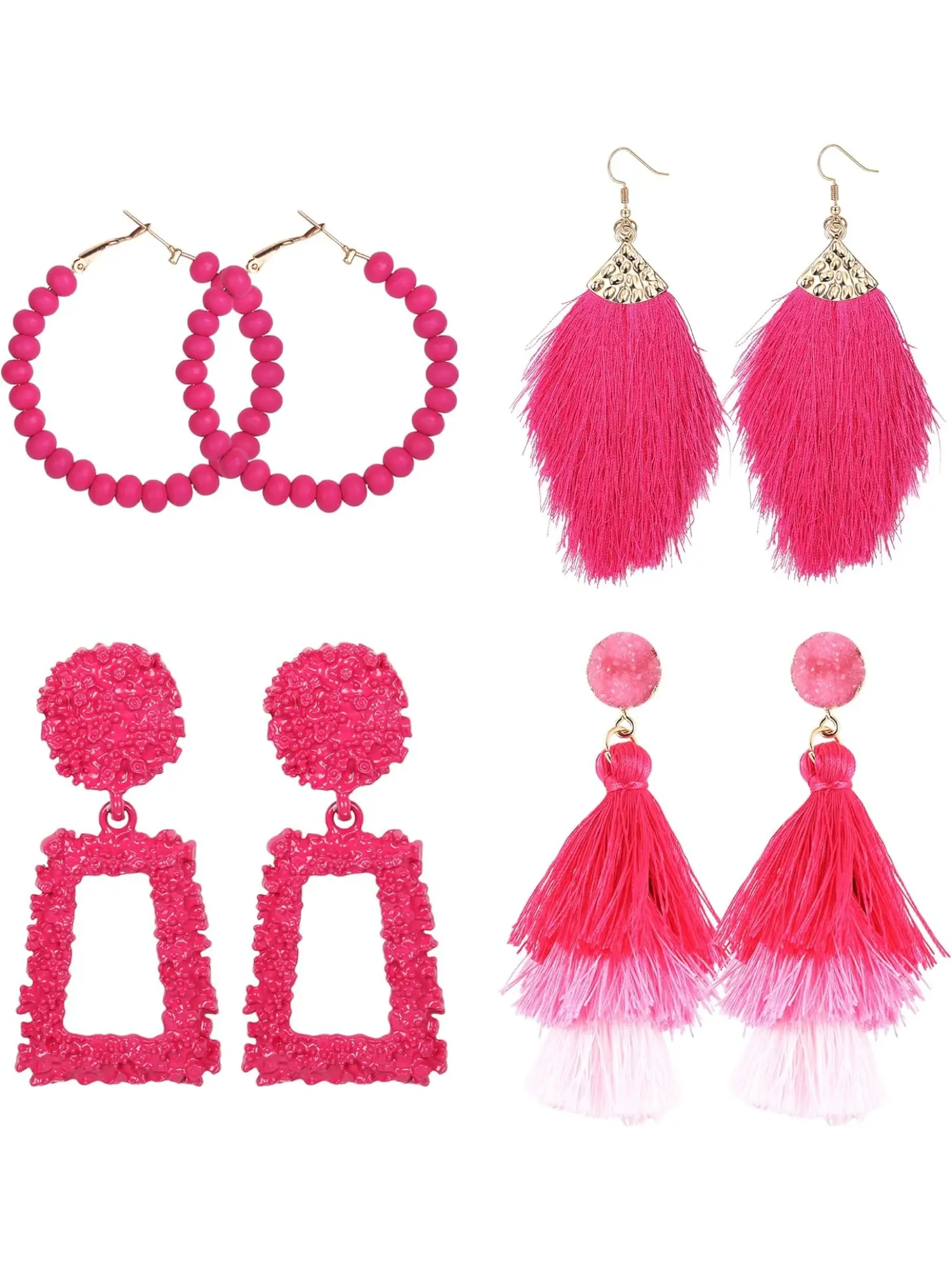 Glamorous 4 Pairs Hot Pink Tassel Earrings Trendy Alloy Acrylic Earrings for Women Men Sweet Heart Leaf Geometric Drop Dangle Earrings Geometric Earrings Long Tassel Earrings