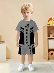 Boys' Patchwork Letter Print Short Sleeve Shorts Set, Casual Loose-Fitting H-Type Natural Waist, All over Print