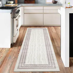 GARVEE 2x6 Washable Hallway Runner Rug-Modern Bordered Print Rugs Non-Slip Indoor Table Runners for Entryway Low Pile Area Rug for Kitchen Waterproof Geometric Carpet for Bedroom Bathroom Beige