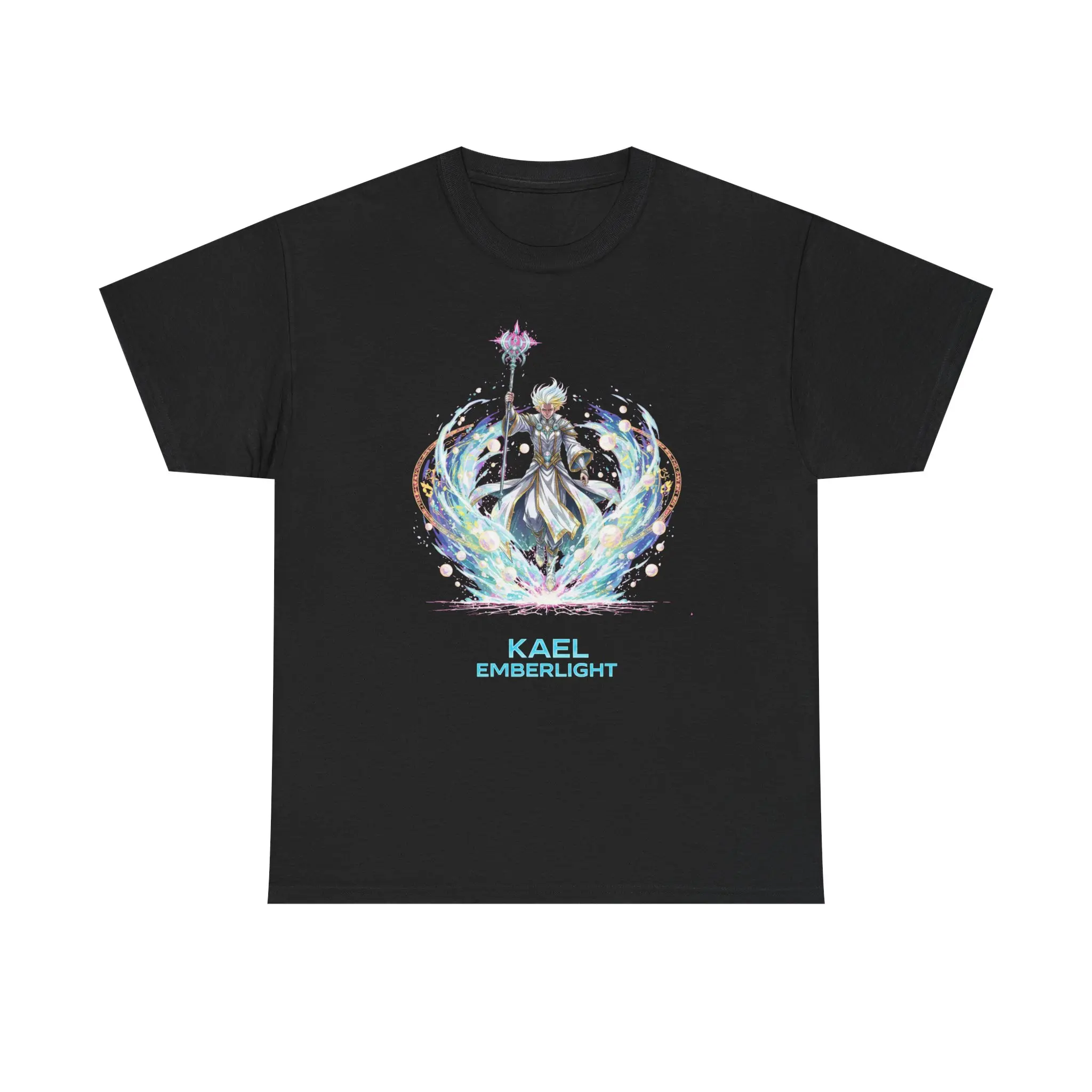 Kael Emberlight Anime Shirt, Celestial Mage Power Graphic Tee | Fantasy Magic Streetwear | Neon Glow Anime Shirt for Gamers, Collectors
