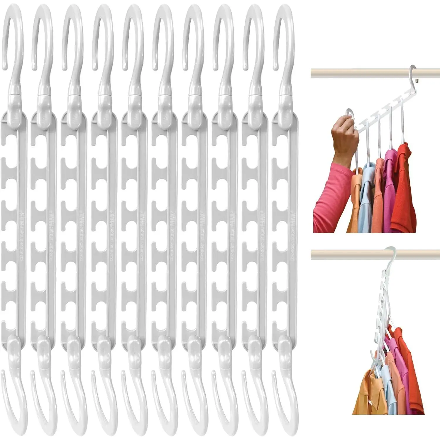 10-Pack White Plastic Space-Saving Hangers with Reinforced 360° Rotatable Swivel Hooks, Cascading Wardrobe Organizer for College Dorms, Fully Assembled Home Storage Solution