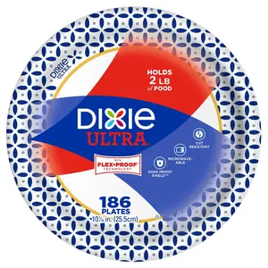 Dixie 10 1/16" Big Party Pack, Microwavable Ultra Paper Plates, Soak Proof Shield - Heavy Duty Plates, - 186 Plates