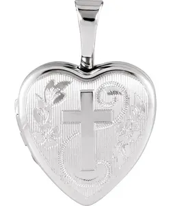 Floral Design Heart with Cross Locket Pendant (12.50X12.00 MM) () | Silver | Sterling Silver | For Her