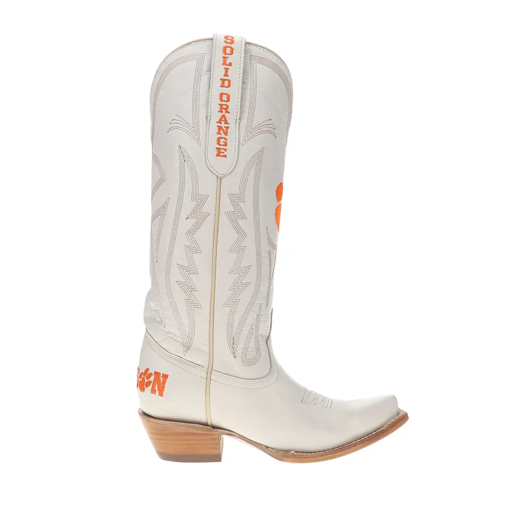Gameday Boots Womens Clemson University Gameday Embroidered Snip Toe Pull On  Casual Boots Mid Calf Low Heel 1-2" - Off White